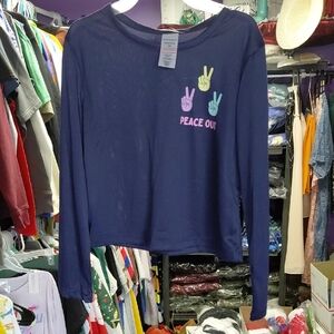 Navy Long Sleeve Peace Out Graphic Pj Shirt